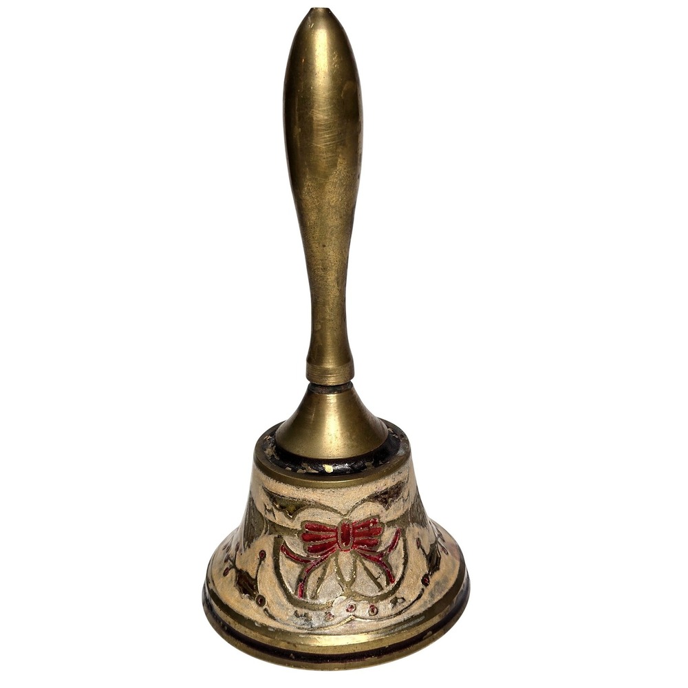 Vintage Brass Christmas Hand Bell India Enamel Holly Bow Holiday Christmascore